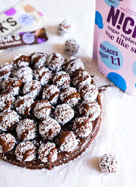 Make sticky mud cake with chocolate balls.