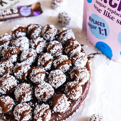 Make sticky mud cake with chocolate balls.