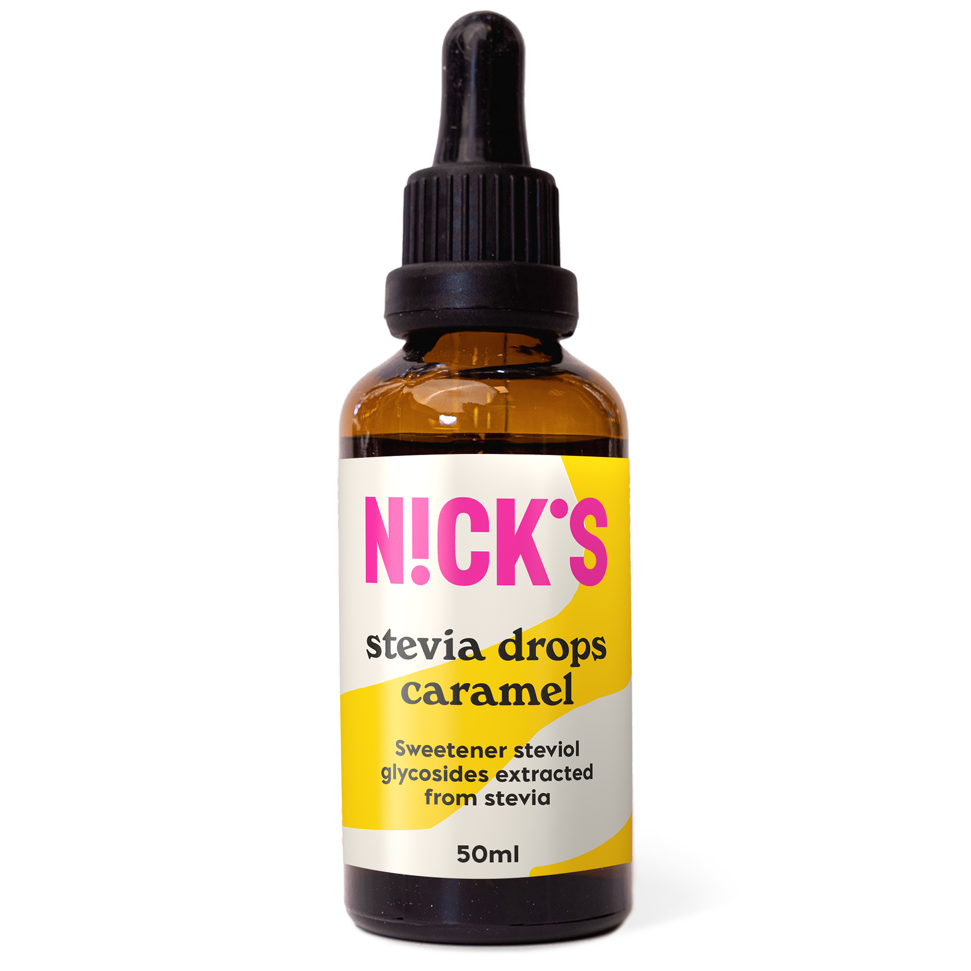 N!CK'S Stevia Drops Caramel flavour 50ml bottle. Concentrated liquid stevia sweetener perfect for guilt-free lattes and healthy recipes.
