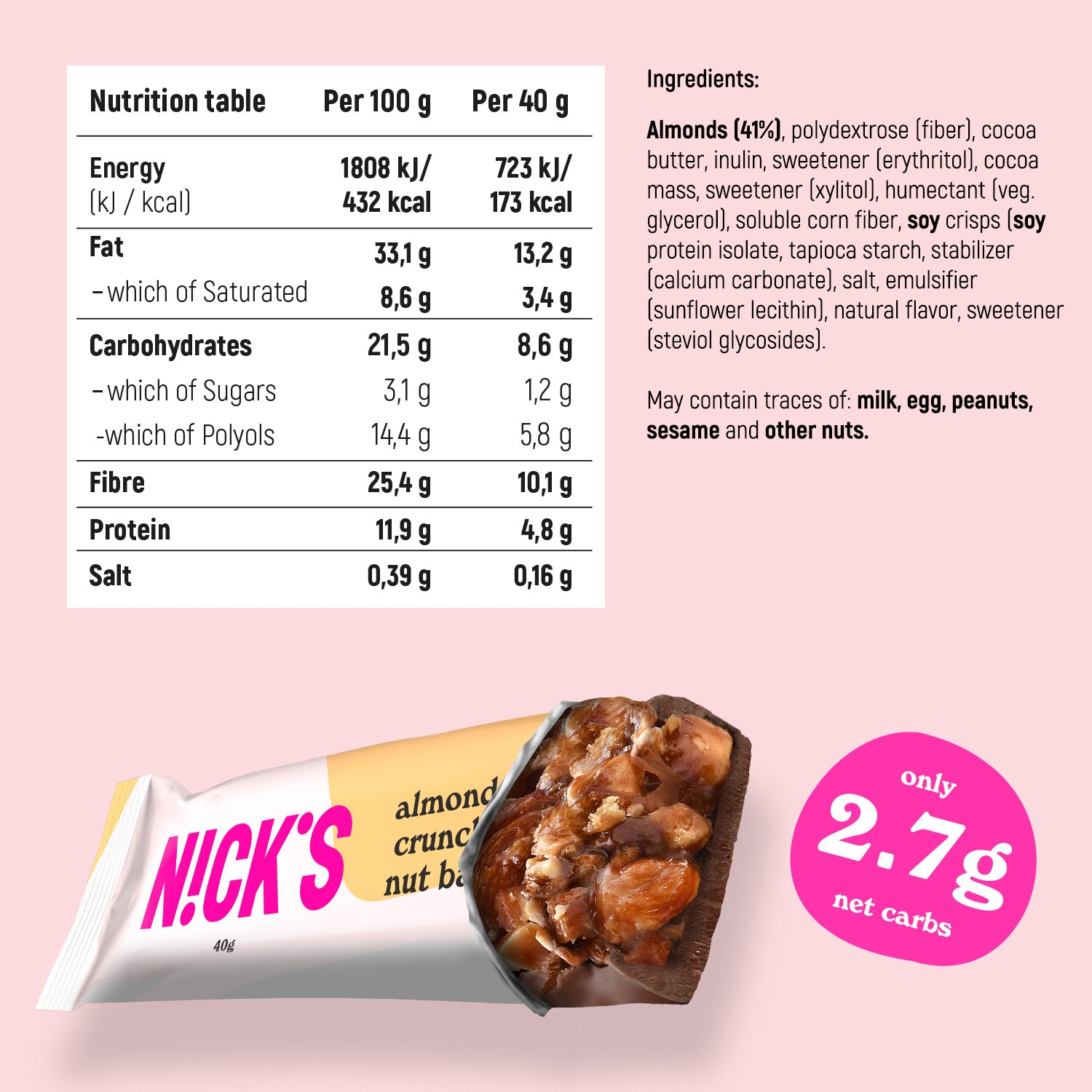 Nut bar Almond crunch 12 x 40g N!CK'S UK